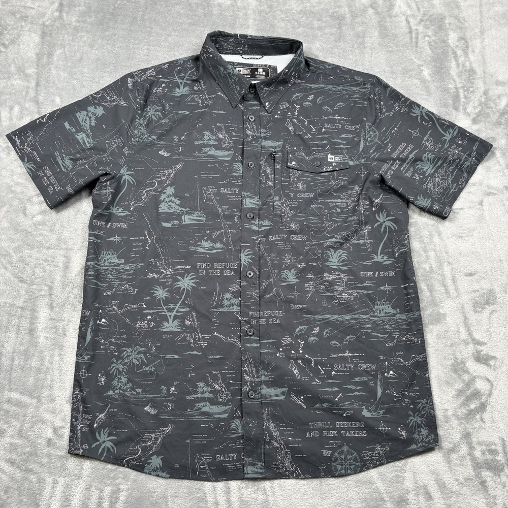 Salty Crew Shirt Mens XL Black Fish Tropical Short Sleeve Button Up Fishing